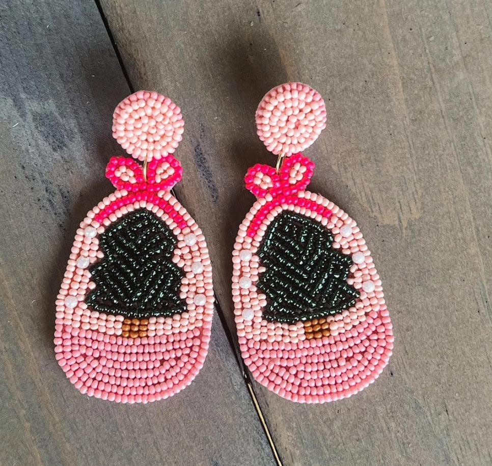 Pink Christmas Tree Seed Bead Earrings