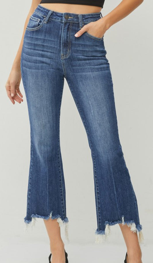 Risen High Rise Cropped Flare Frayed Hem Jeans